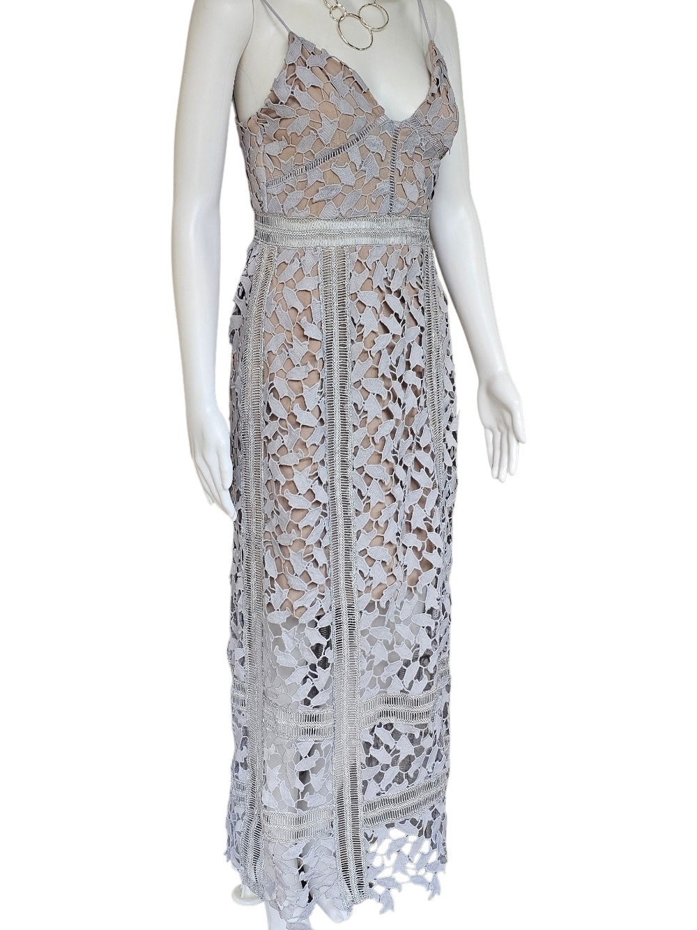 Anthropologie Light Gray Lace Crochet Maxi Dress